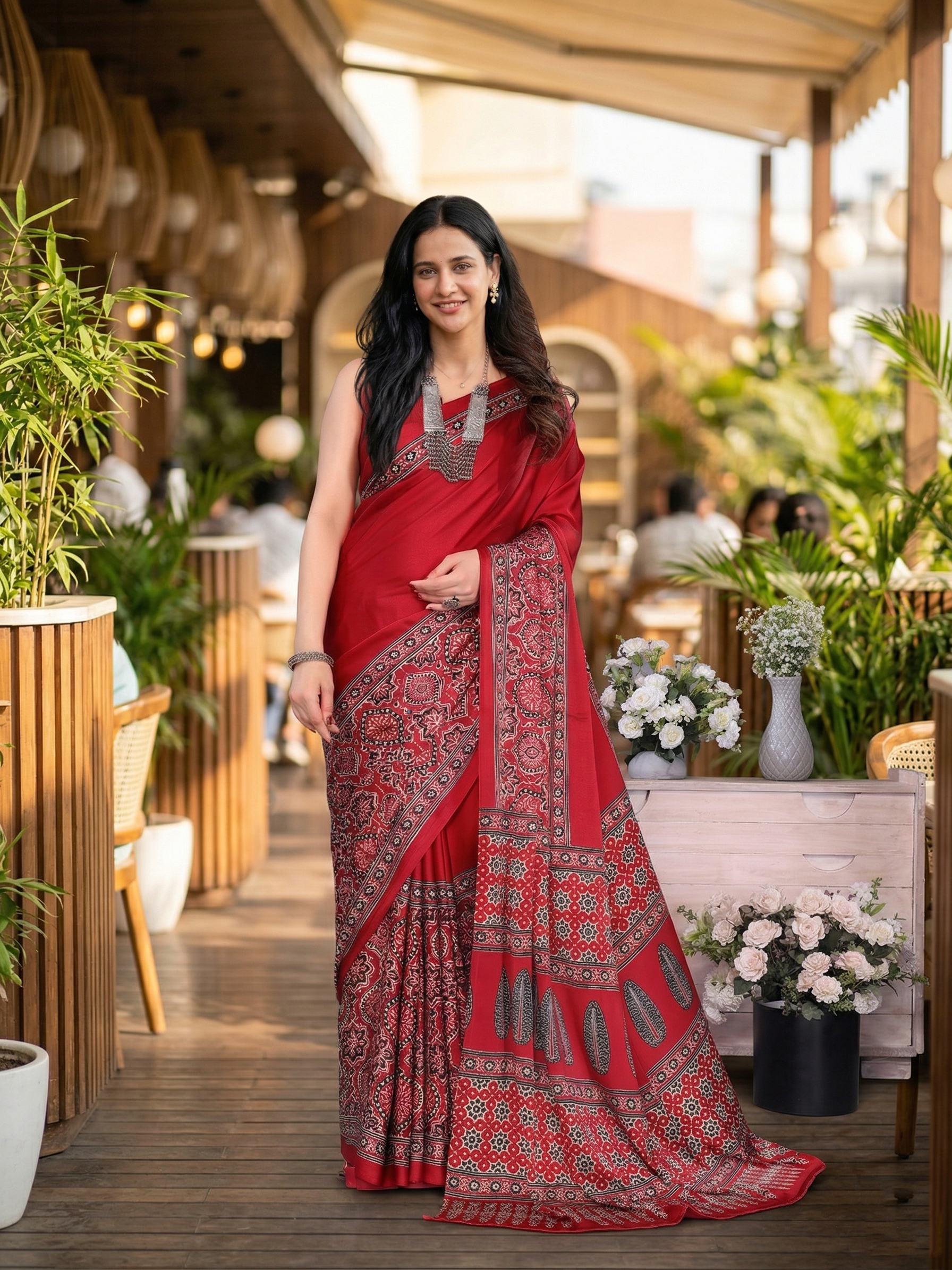 Crepe Silk Ajrakh Printed Saree