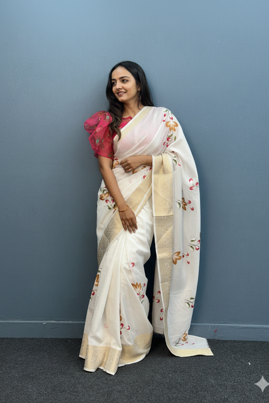 White Dola Silk Floral Hand-Printed Saree with Golden Border