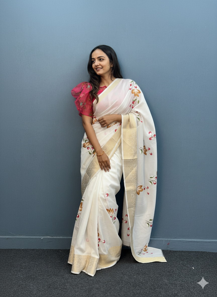 White Dola Silk Floral Hand-Printed Saree with Golden Border