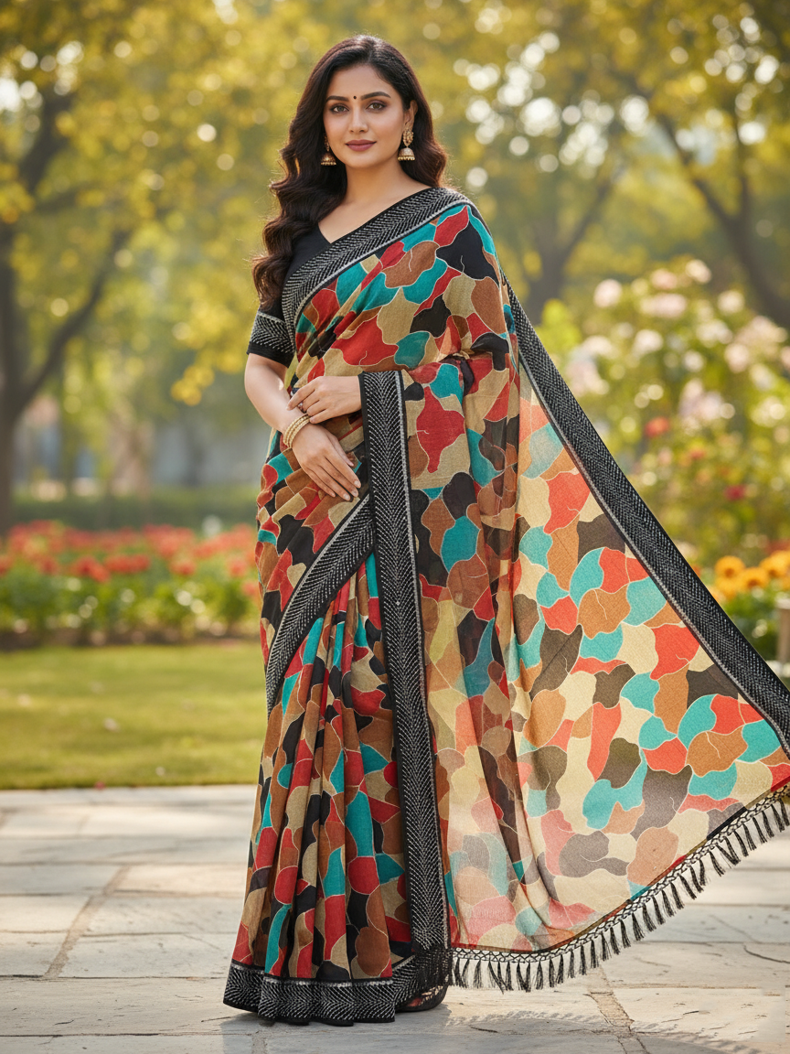 Abstract Printed Chiffon Saree With Border Siroski Diamond Work