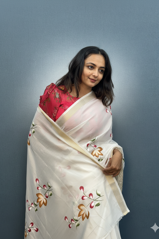 White Dola Silk Floral Hand-Printed Saree with Golden Border
