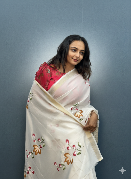 White Dola Silk Floral Hand-Printed Saree with Golden Border