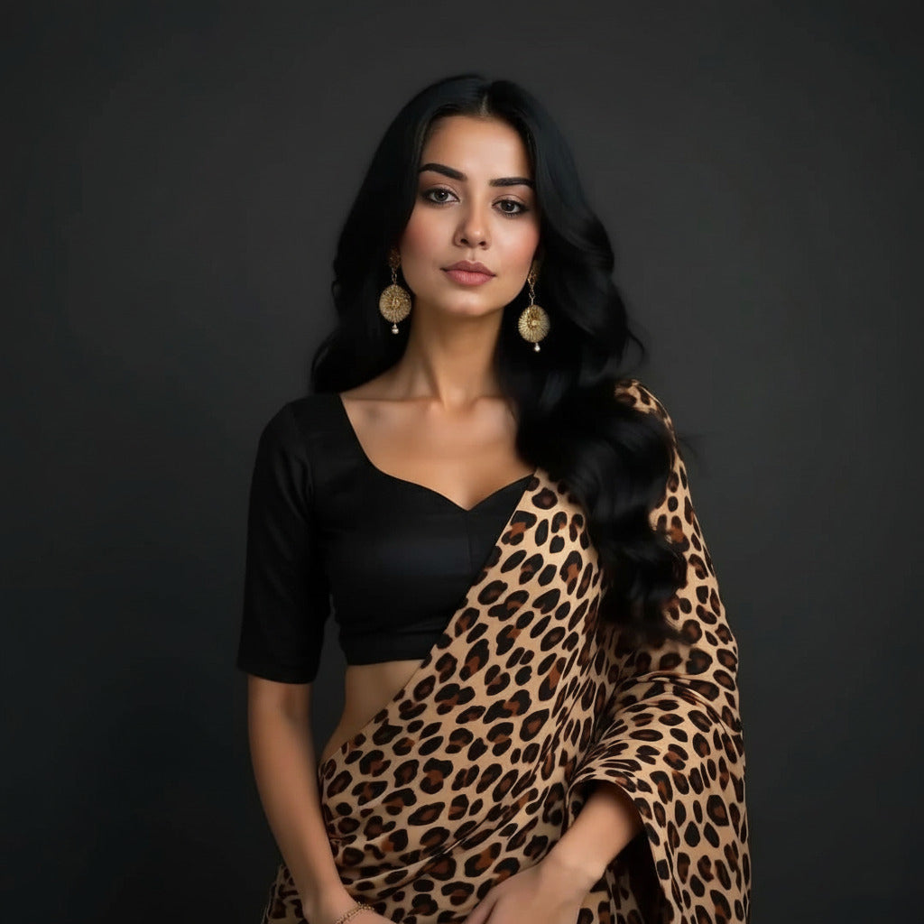 Silk Crepe Leopard Printed Saree with Black Blouse Piece