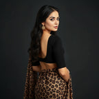 Silk Crepe Leopard Printed Saree with Black Blouse Piece