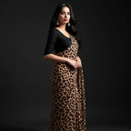 Silk Crepe Leopard Printed Saree with Black Blouse Piece