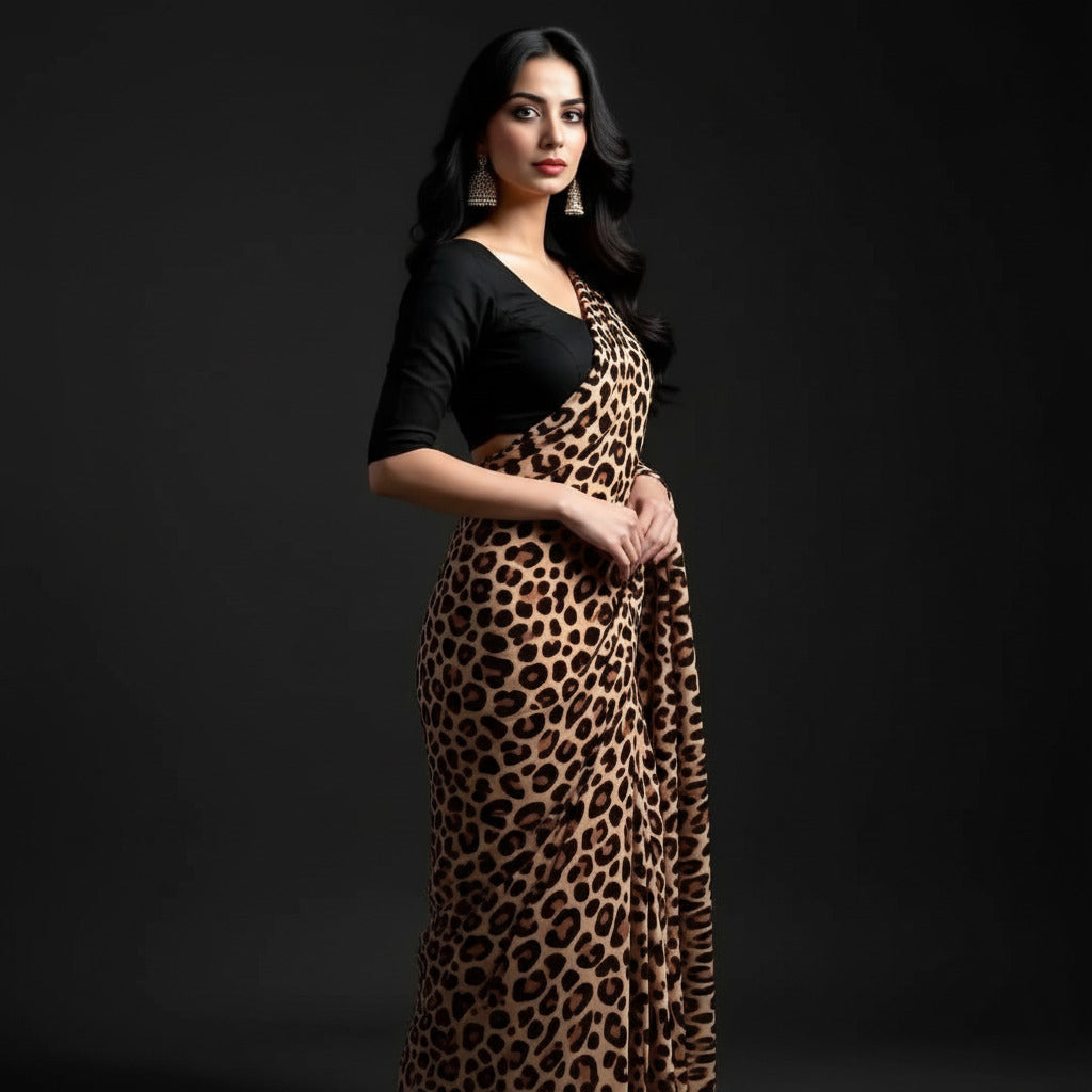 Silk Crepe Leopard Printed Saree with Black Blouse Piece