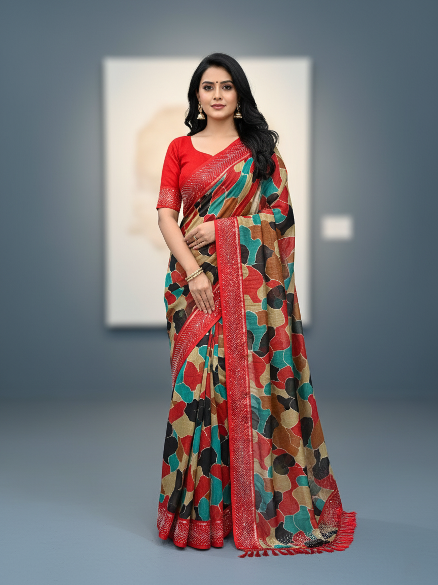 Abstract Printed Chiffon Saree With Border Siroski Diamond Work
