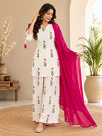 White Printed Cotton Kurta and Patiyala Set with Dupatta