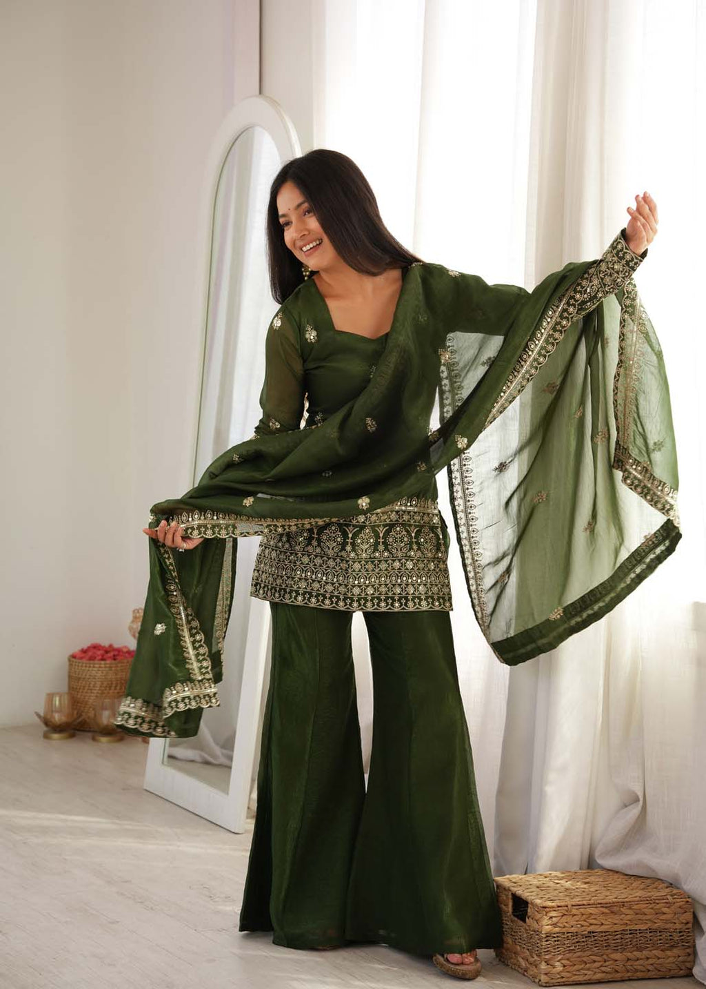 Embroidered Crunchy Silk Kurta Bell Bottom Pant with Dupatta Set