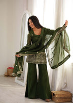 Embroidered Crunchy Silk Kurta Bell Bottom Pant with Dupatta Set