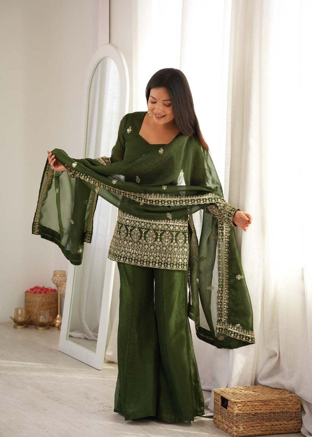 Embroidered Crunchy Silk Kurta Bell Bottom Pant with Dupatta Set