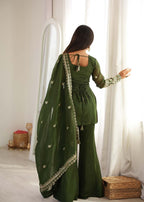 Embroidered Crunchy Silk Kurta Bell Bottom Pant with Dupatta Set