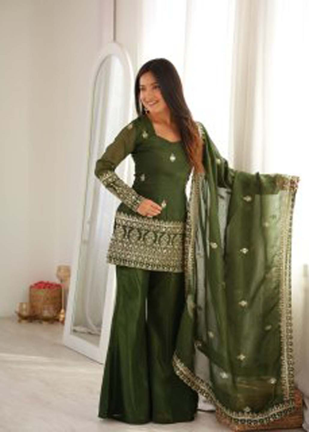 Embroidered Crunchy Silk Kurta Bell Bottom Pant with Dupatta Set