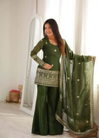 Embroidered Crunchy Silk Kurta Bell Bottom Pant with Dupatta Set