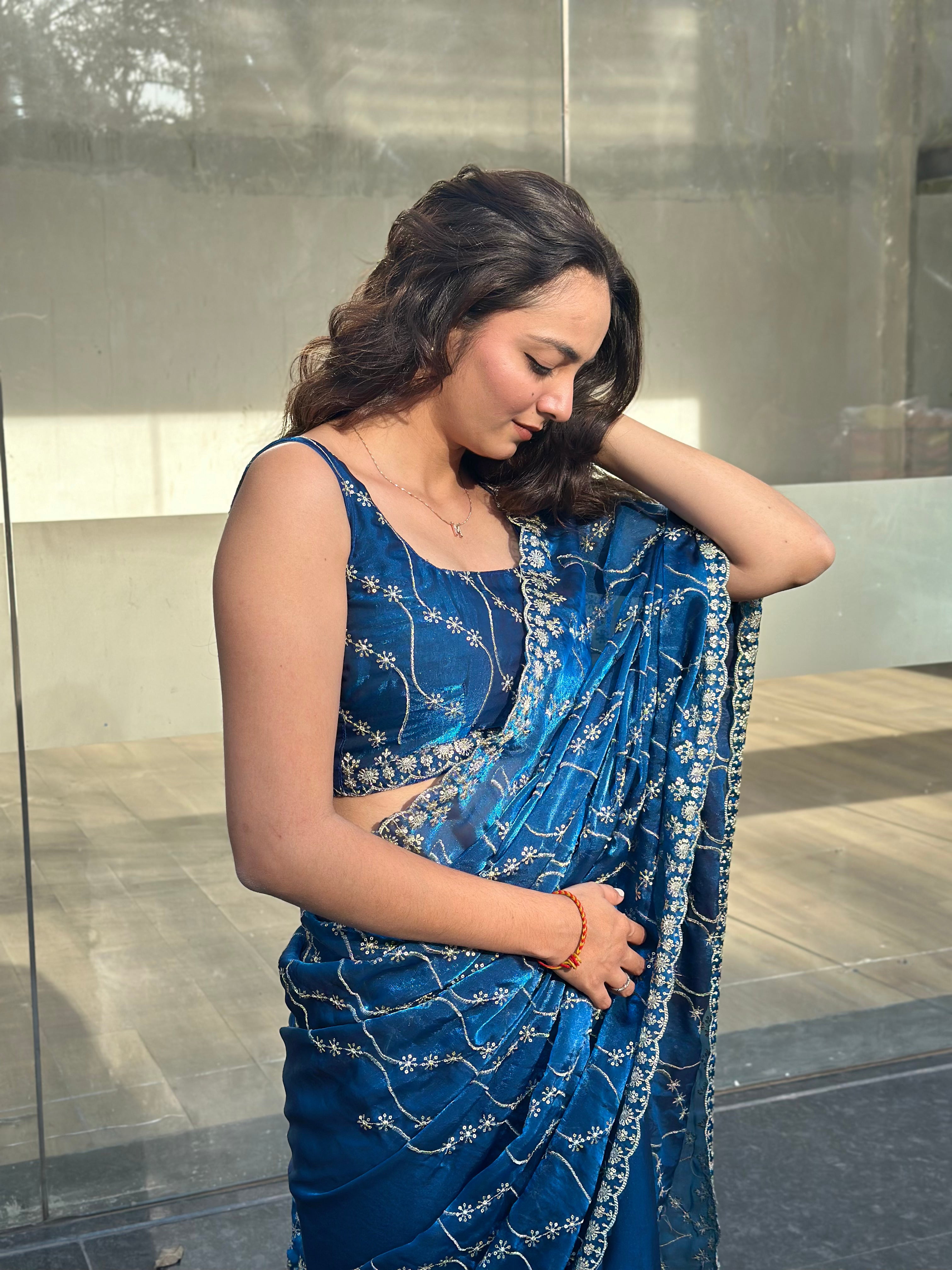 Chiffon Satin Embroidery Cut Work Saree