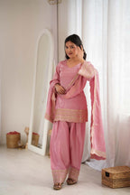 Dusty Roman Silk Embroidered Kurta, Farshi Shalwar & Dupatta Set