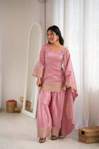 Dusty Roman Silk Embroidered Kurta, Farshi Shalwar & Dupatta Set