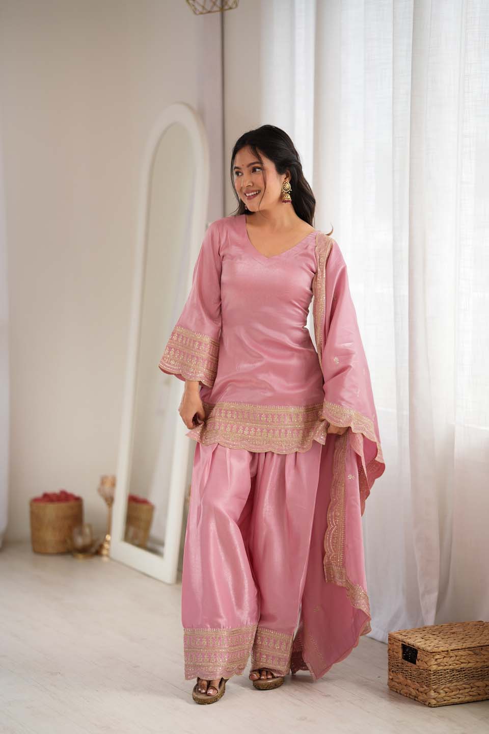 Dusty Roman Silk Embroidered Kurta, Farshi Shalwar & Dupatta Set