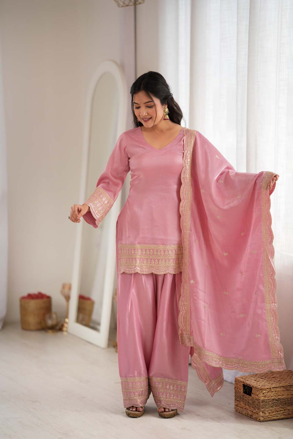 Dusty Roman Silk Embroidered Kurta, Farshi Shalwar & Dupatta Set
