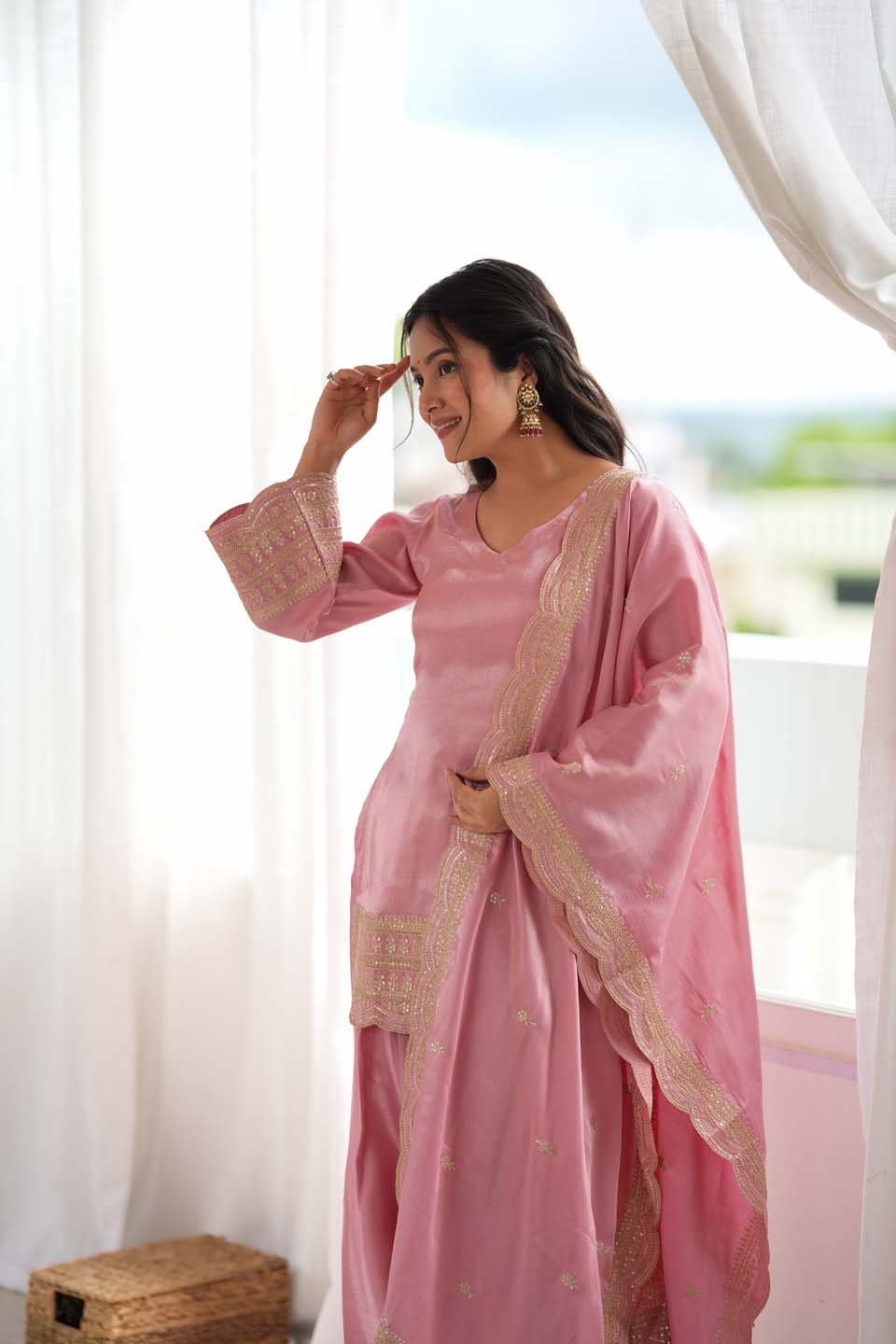 Dusty Roman Silk Embroidered Kurta, Farshi Shalwar & Dupatta Set