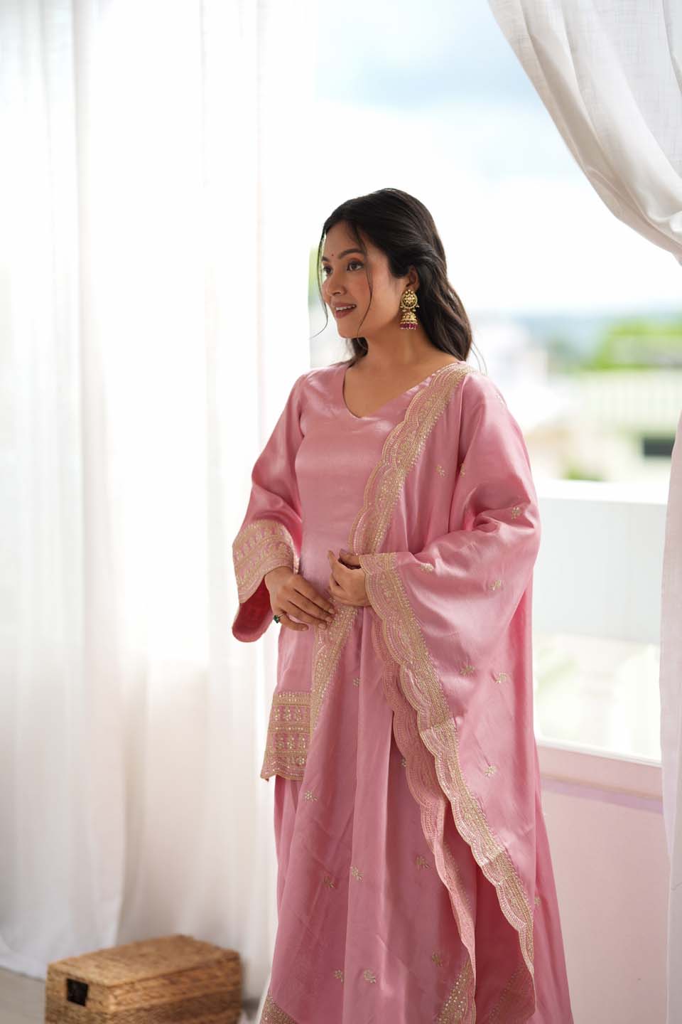 Dusty Roman Silk Embroidered Kurta, Farshi Shalwar & Dupatta Set