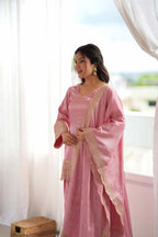 Dusty Roman Silk Embroidered Kurta, Farshi Shalwar & Dupatta Set