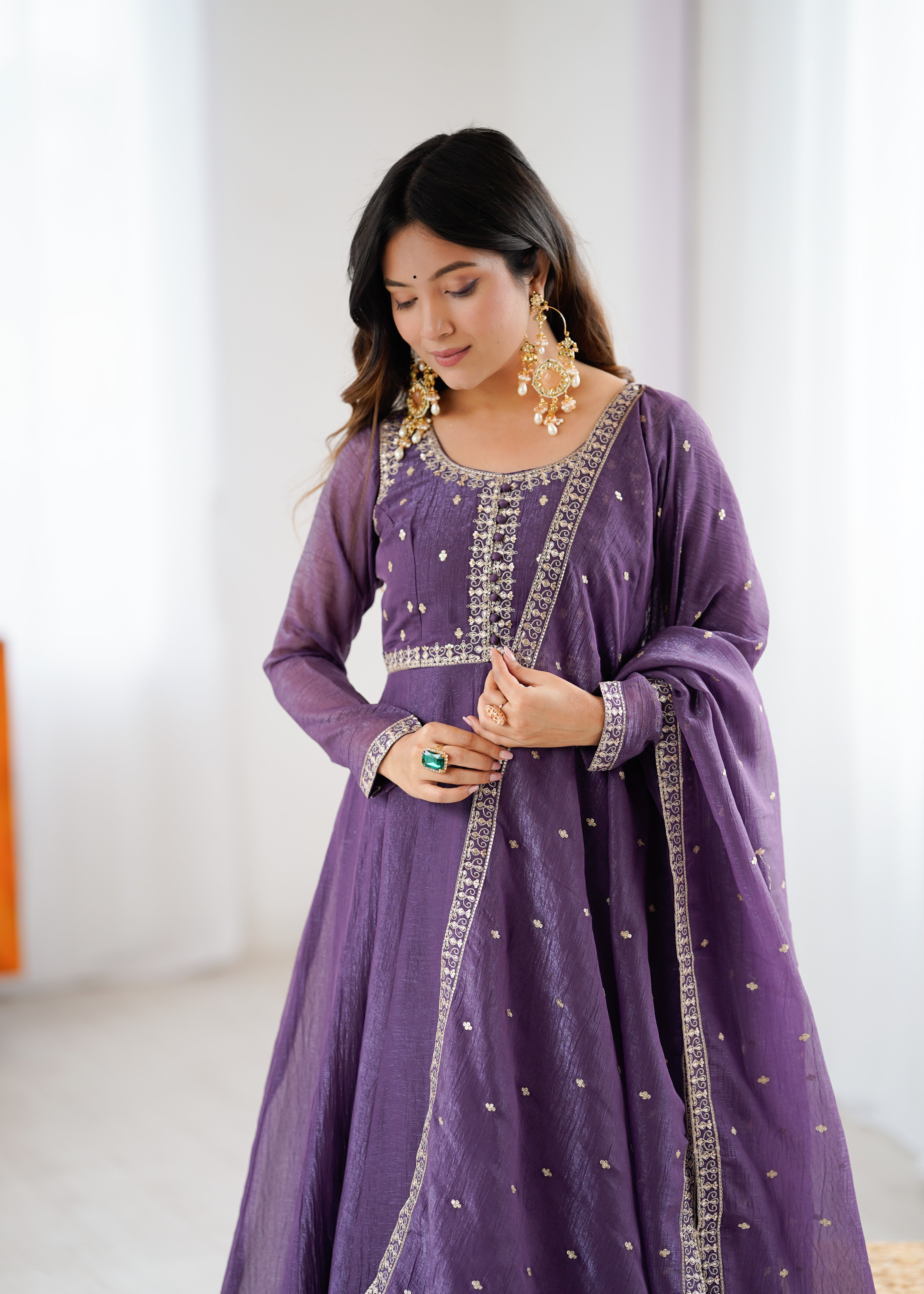 Purple Pure Crunchy Silk Anarkali Gown Set with Dupatta