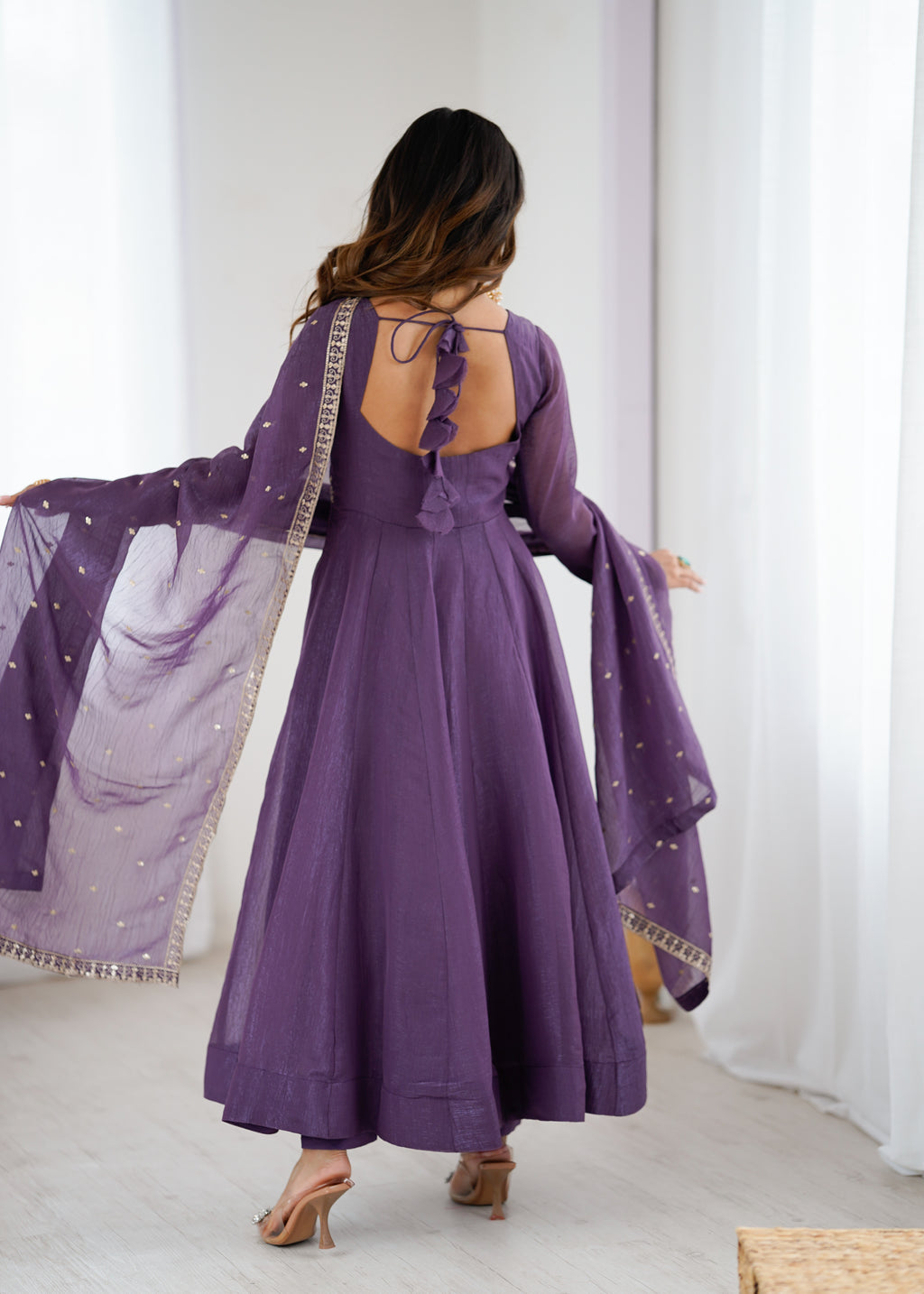 Purple Pure Crunchy Silk Anarkali Gown Set with Dupatta