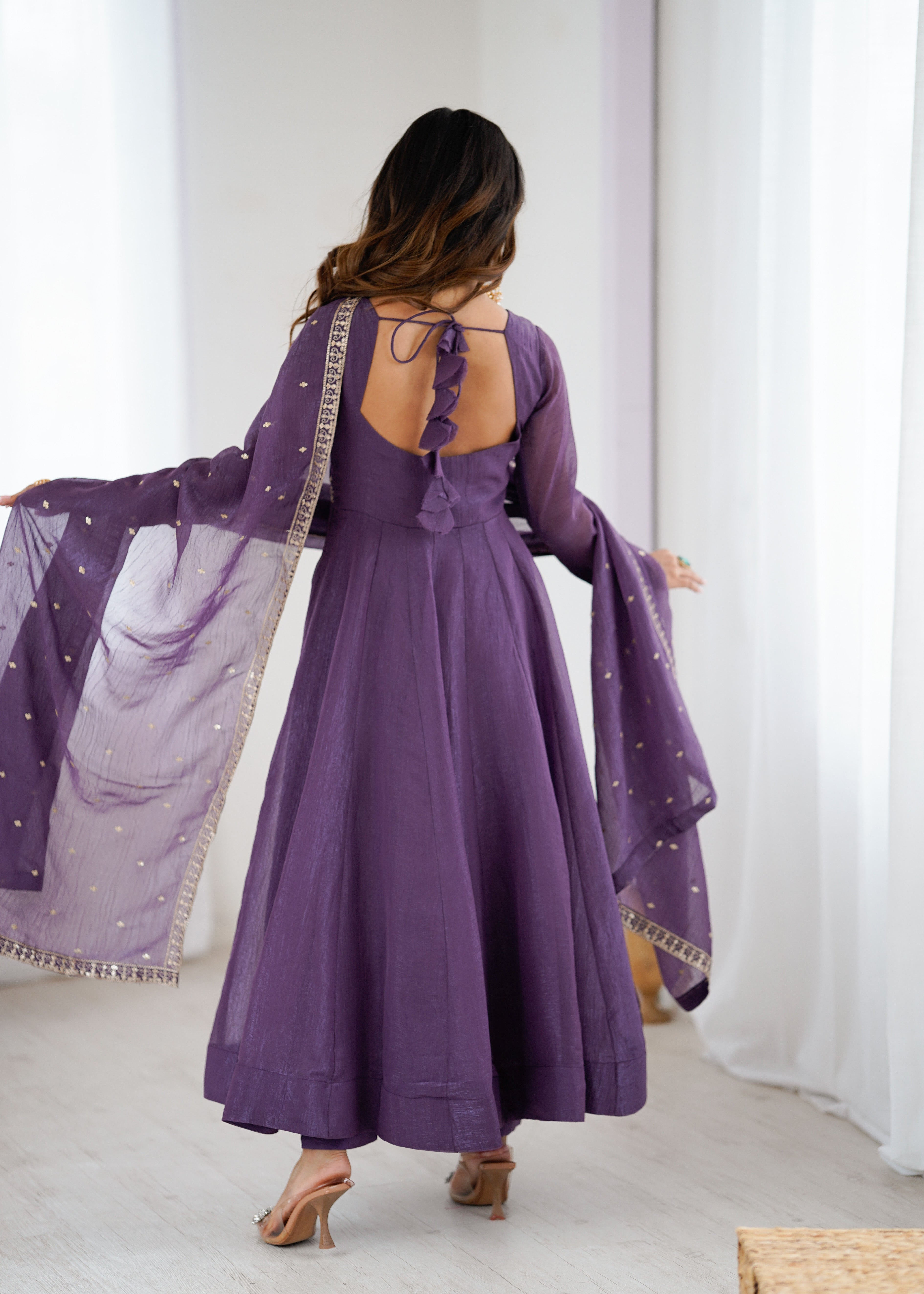 Purple Pure Crunchy Silk Anarkali Gown Set with Dupatta