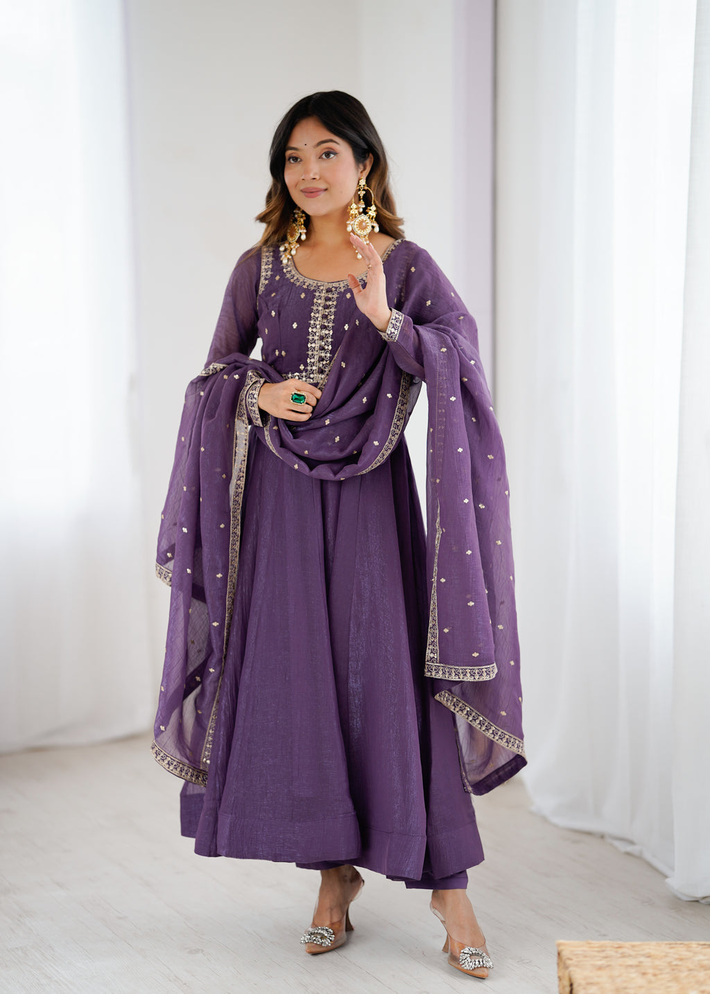 Purple Pure Crunchy Silk Anarkali Gown Set with Dupatta