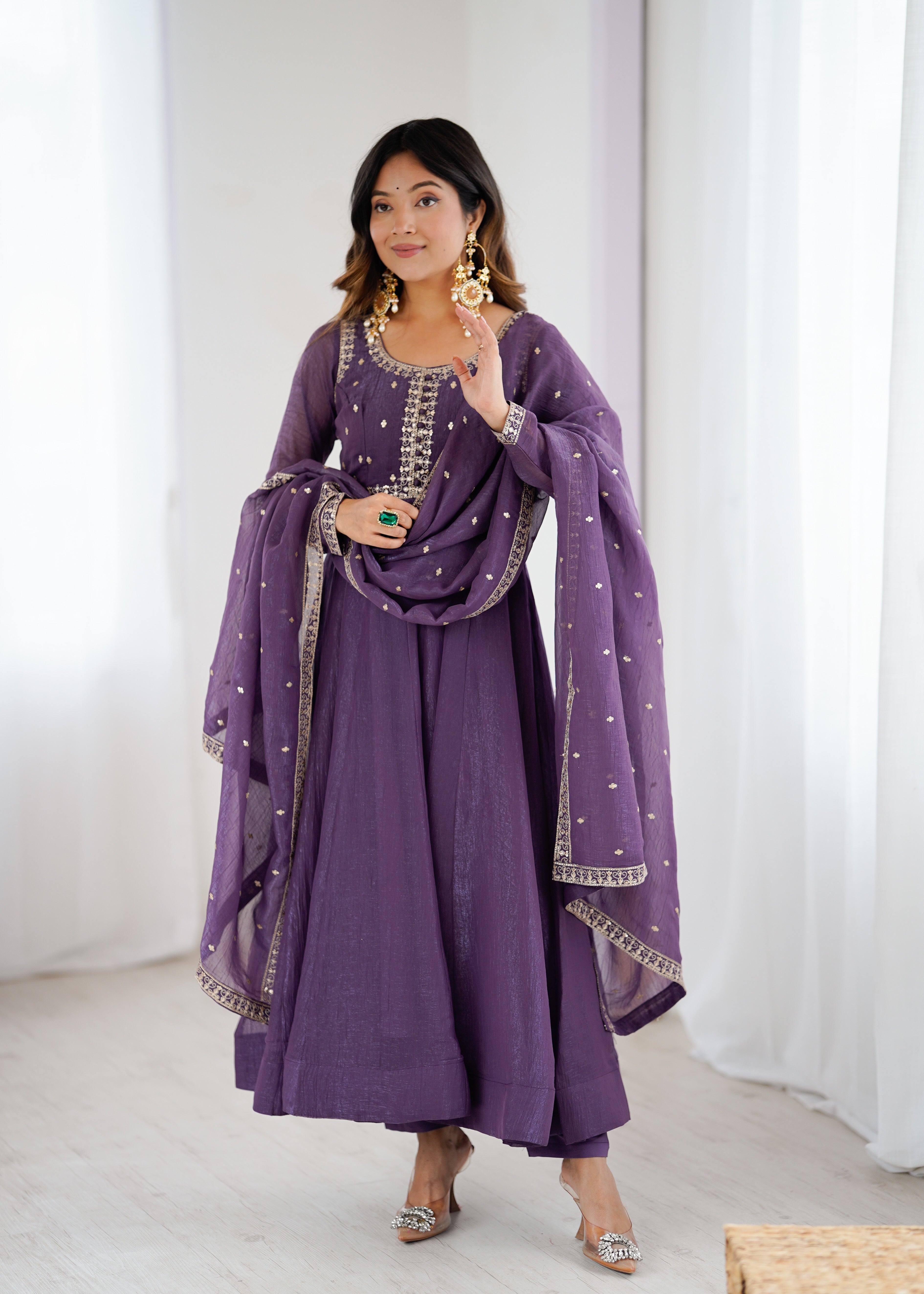 Purple Pure Crunchy Silk Anarkali Gown Set with Dupatta