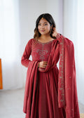 Maroon Roman Shimmer Chanderi Silk Fully Flared Anarkali Suit Set - Pionex Fab