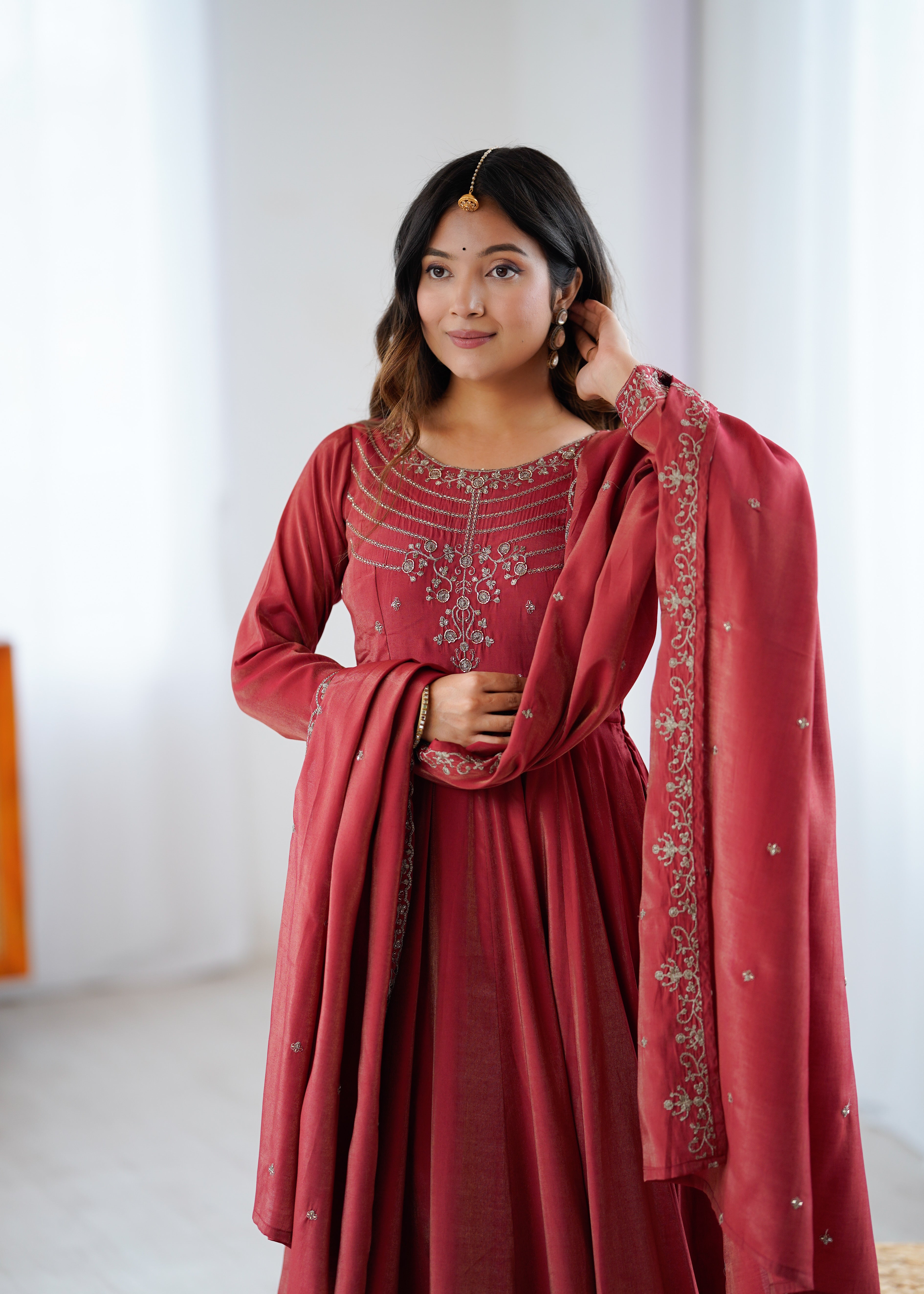 Maroon Roman Shimmer Chanderi Silk Fully Flared Anarkali Suit Set