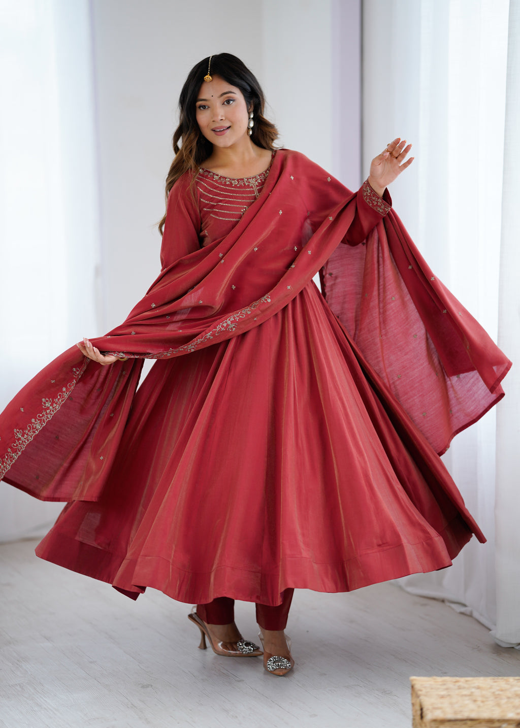 Maroon Roman Shimmer Chanderi Silk Fully Flared Anarkali Suit Set