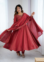 Maroon Roman Shimmer Chanderi Silk Fully Flared Anarkali Suit Set