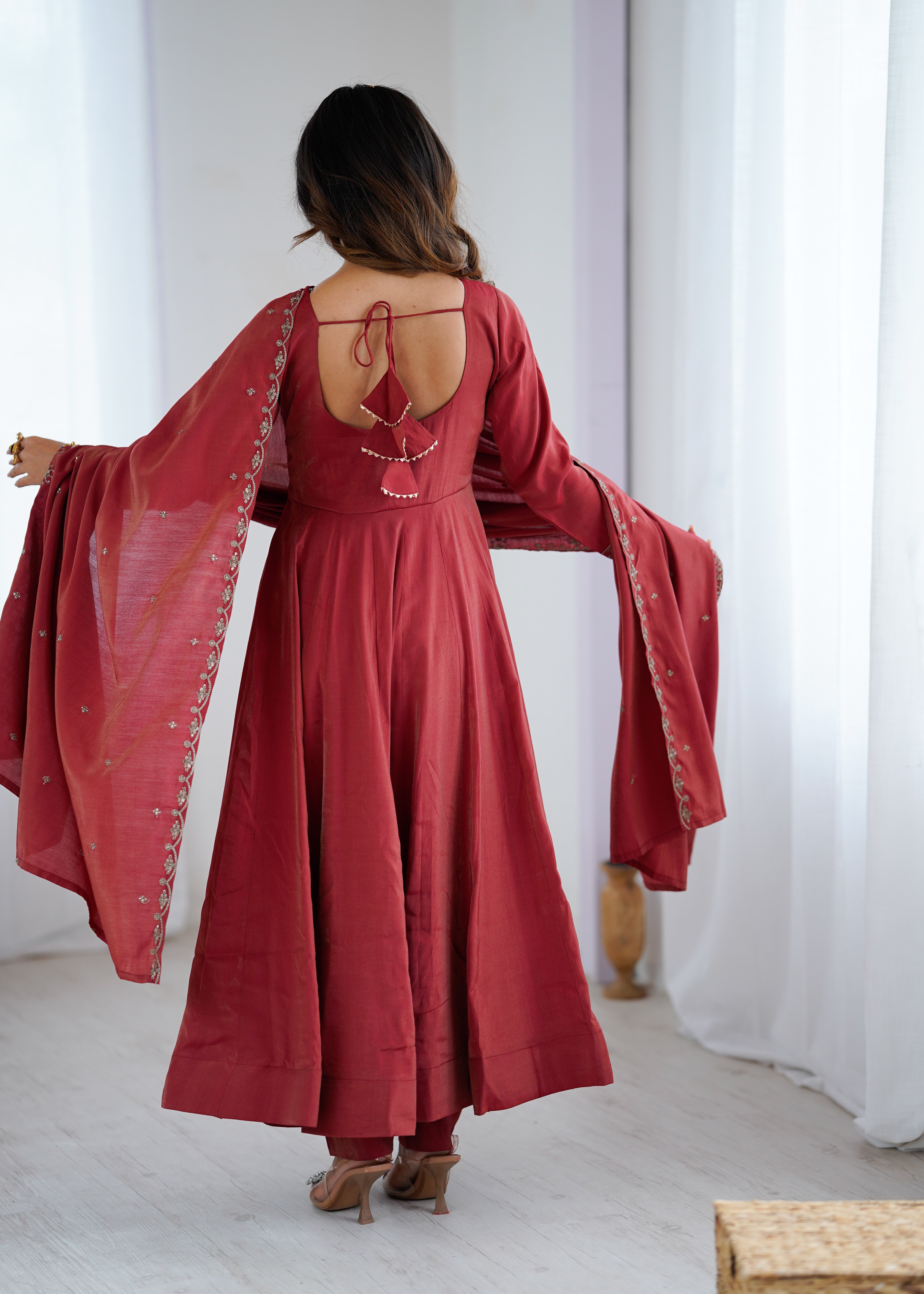 Maroon Roman Shimmer Chanderi Silk Fully Flared Anarkali Suit Set