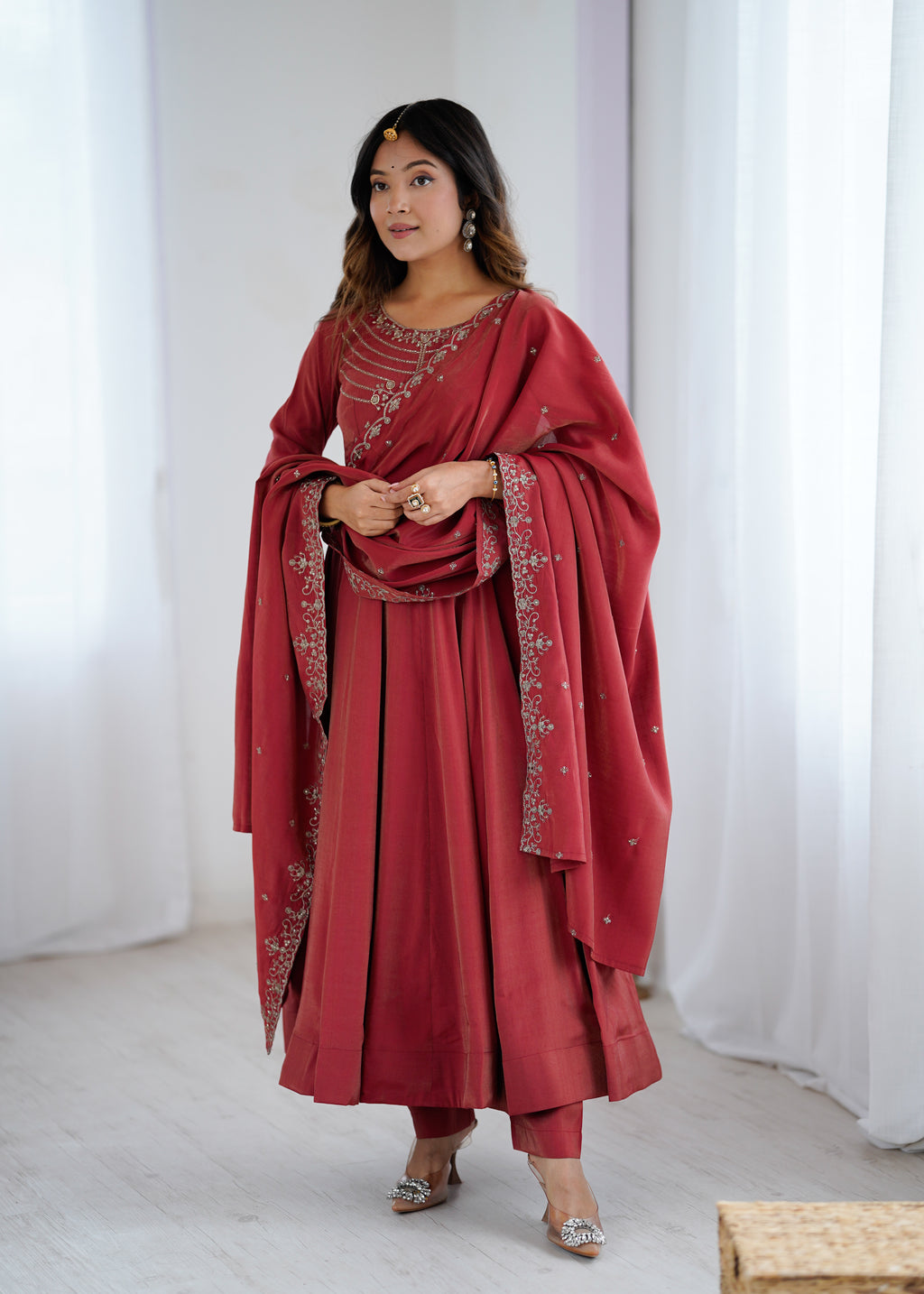 Maroon Roman Shimmer Chanderi Silk Fully Flared Anarkali Suit Set