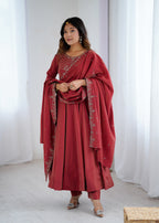 Maroon Roman Shimmer Chanderi Silk Fully Flared Anarkali Suit Set