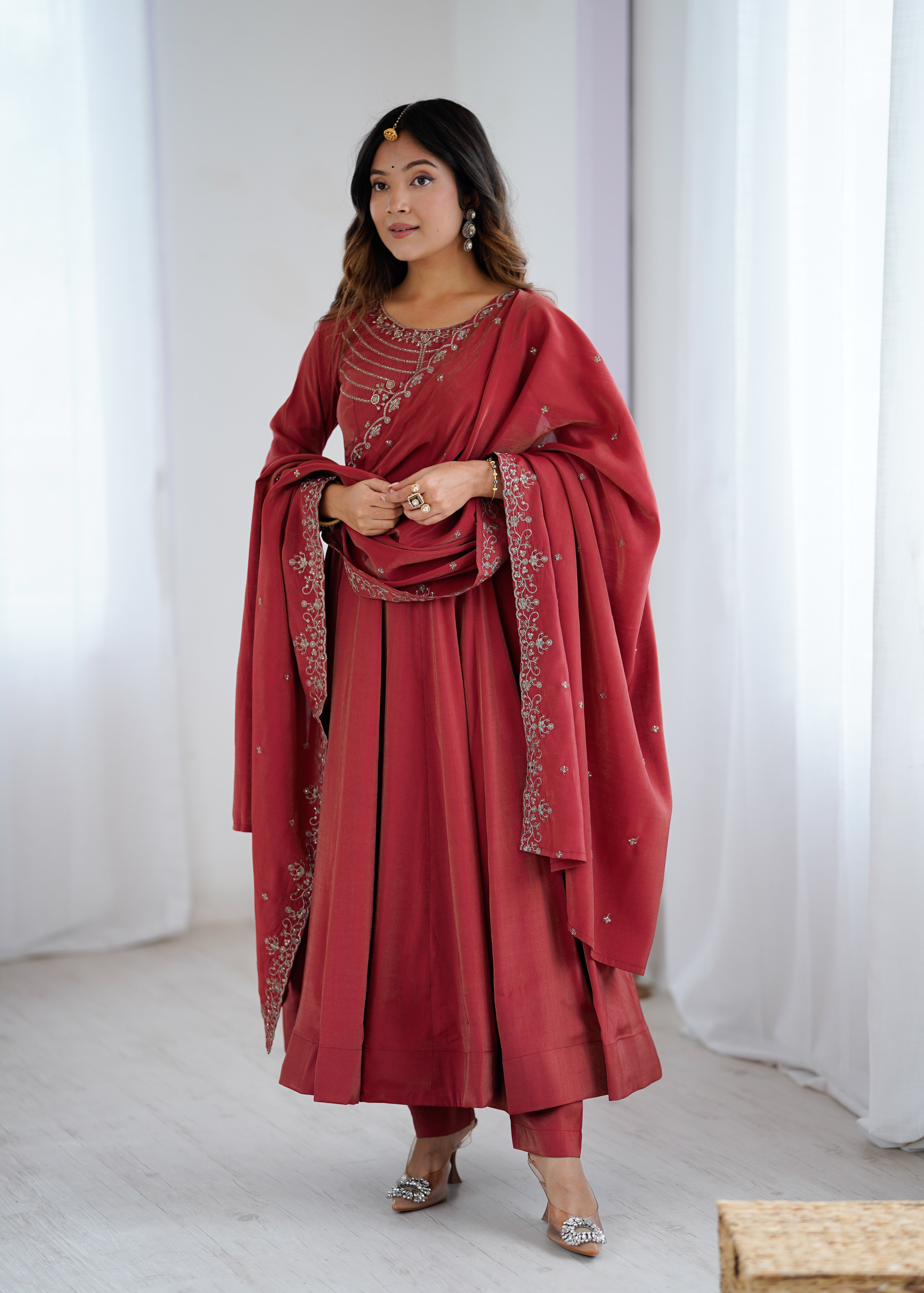 Maroon Roman Shimmer Chanderi Silk Fully Flared Anarkali Suit Set