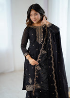 Black Embroidered Crunchy Silk Kurta Sharara Set with Dupatta.