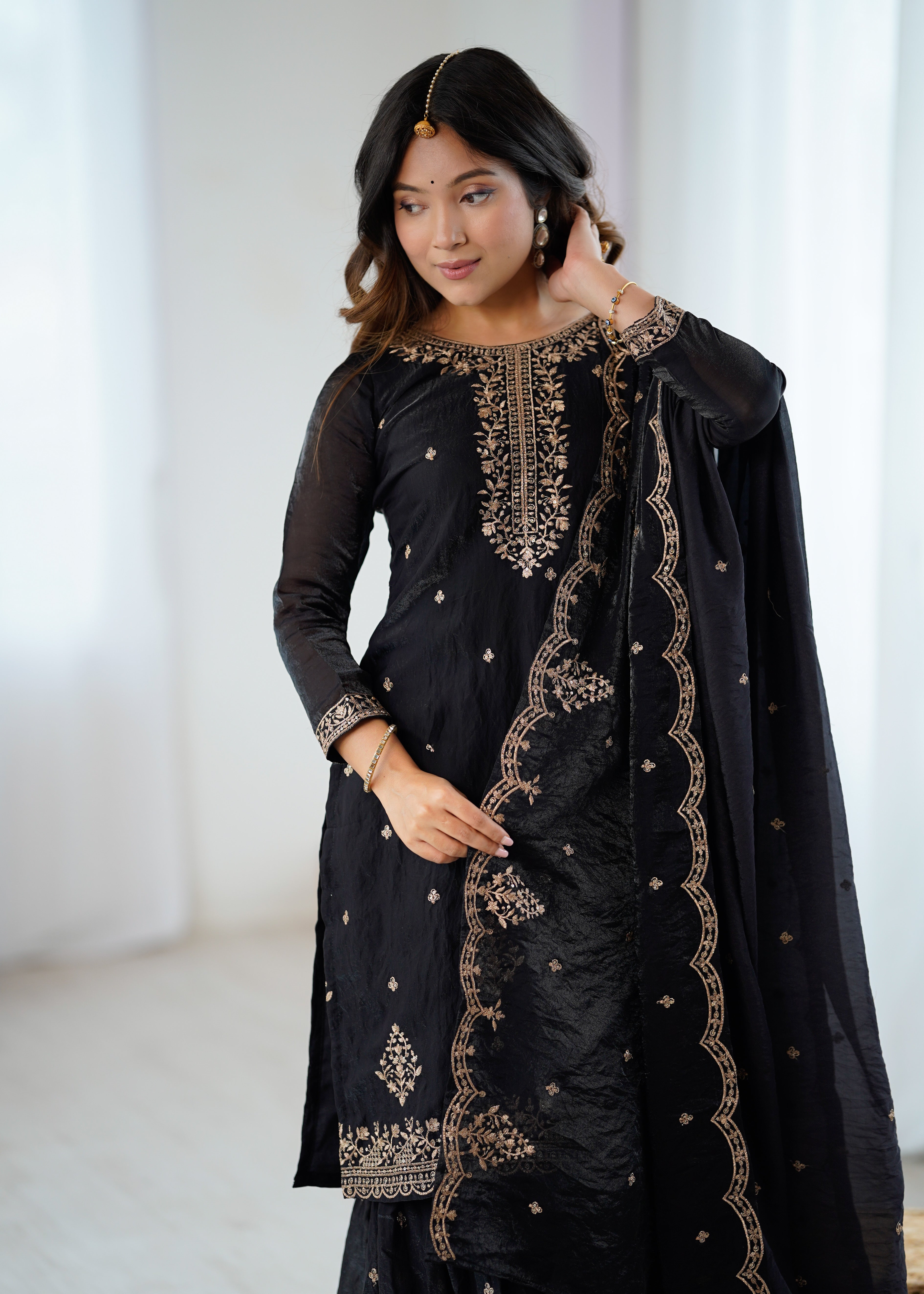 Black Embroidered Crunchy Silk Kurta Sharara Set with Dupatta.