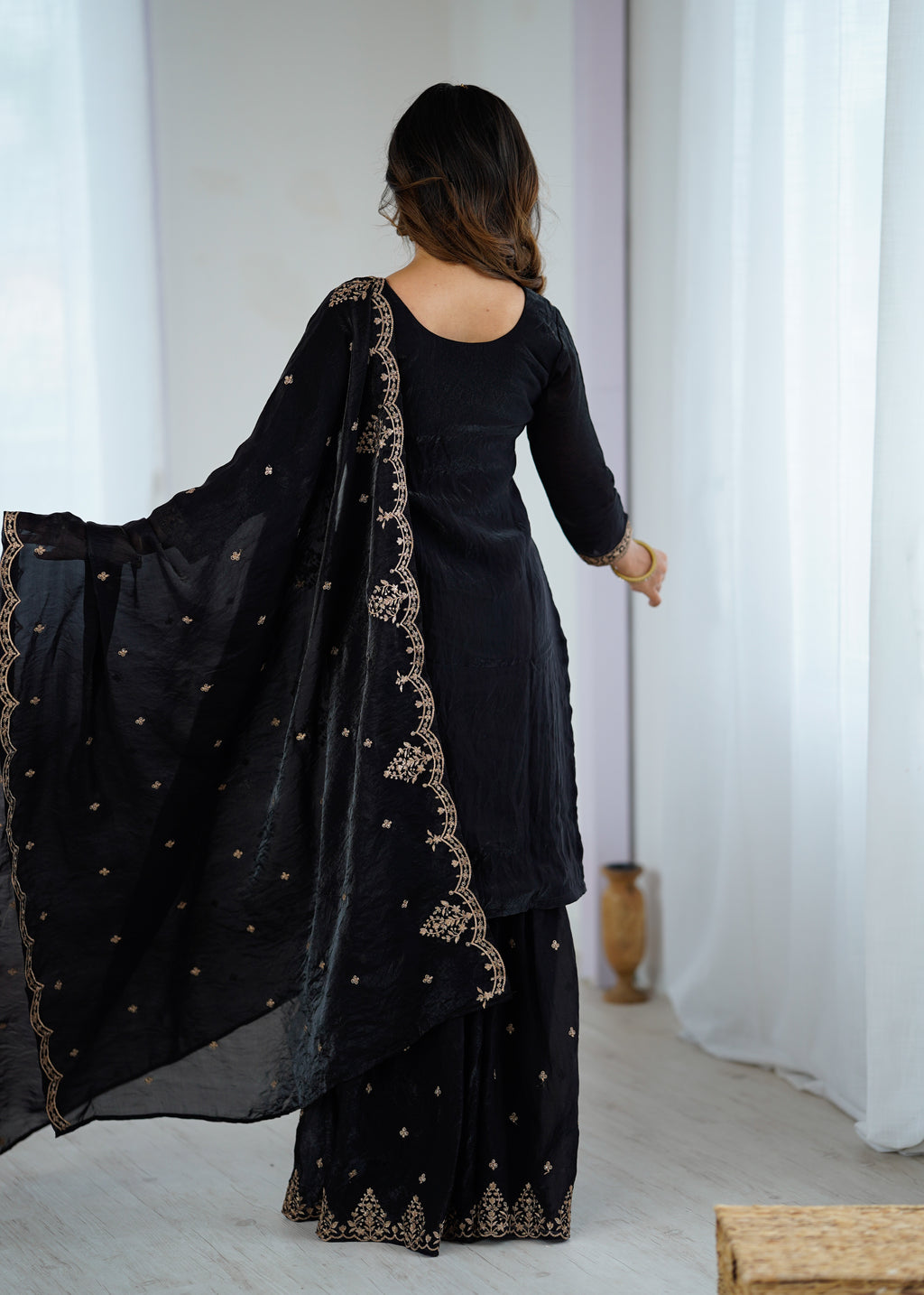 Black Embroidered Crunchy Silk Kurta Sharara Set with Dupatta.