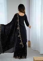 Black Embroidered Crunchy Silk Kurta Sharara Set with Dupatta.