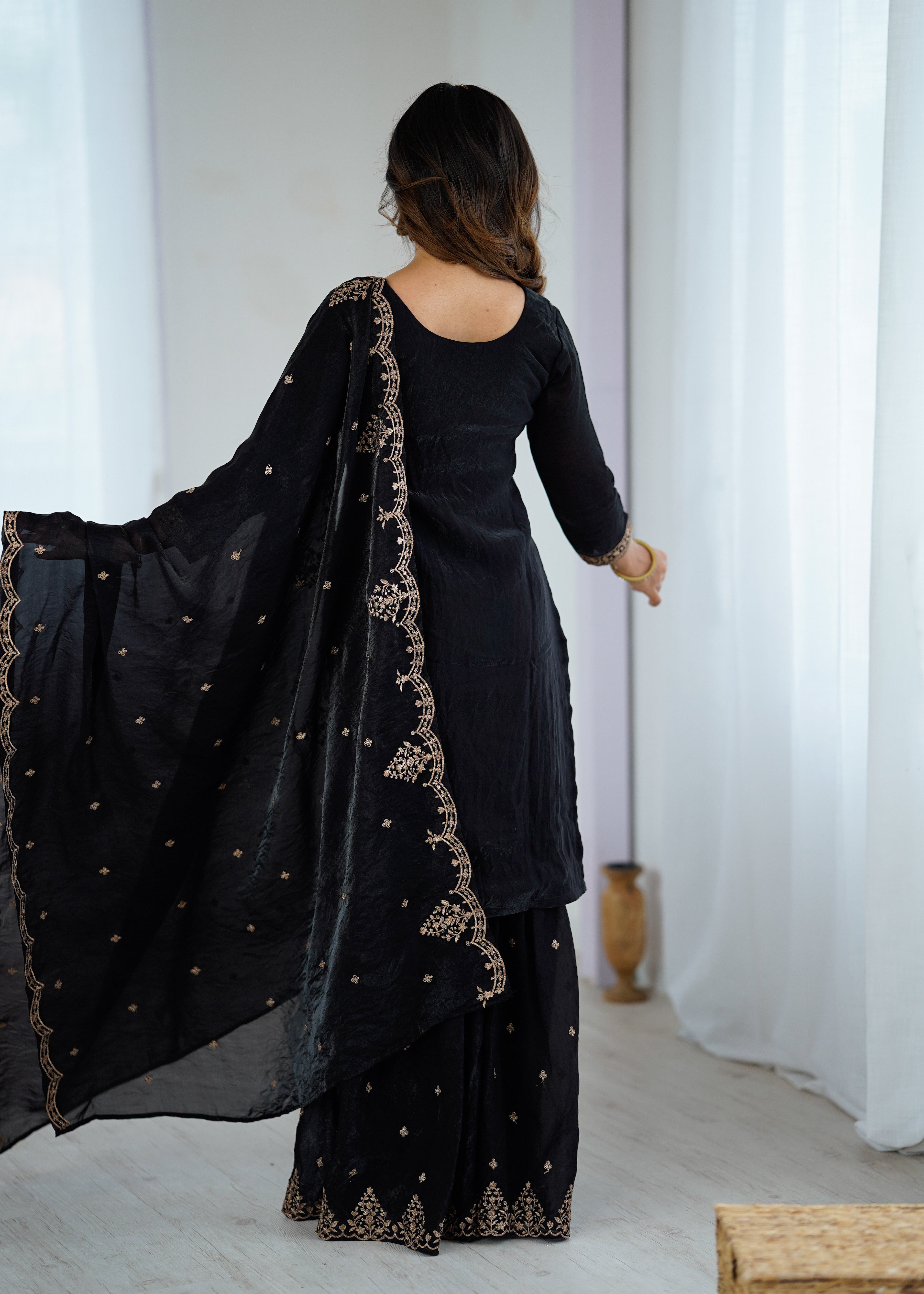 Black Embroidered Crunchy Silk Kurta Sharara Set with Dupatta.