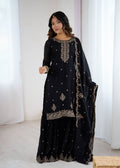 Black Embroidered Crunchy Silk Kurta Sharara Set with Dupatta. - Pionex Fab