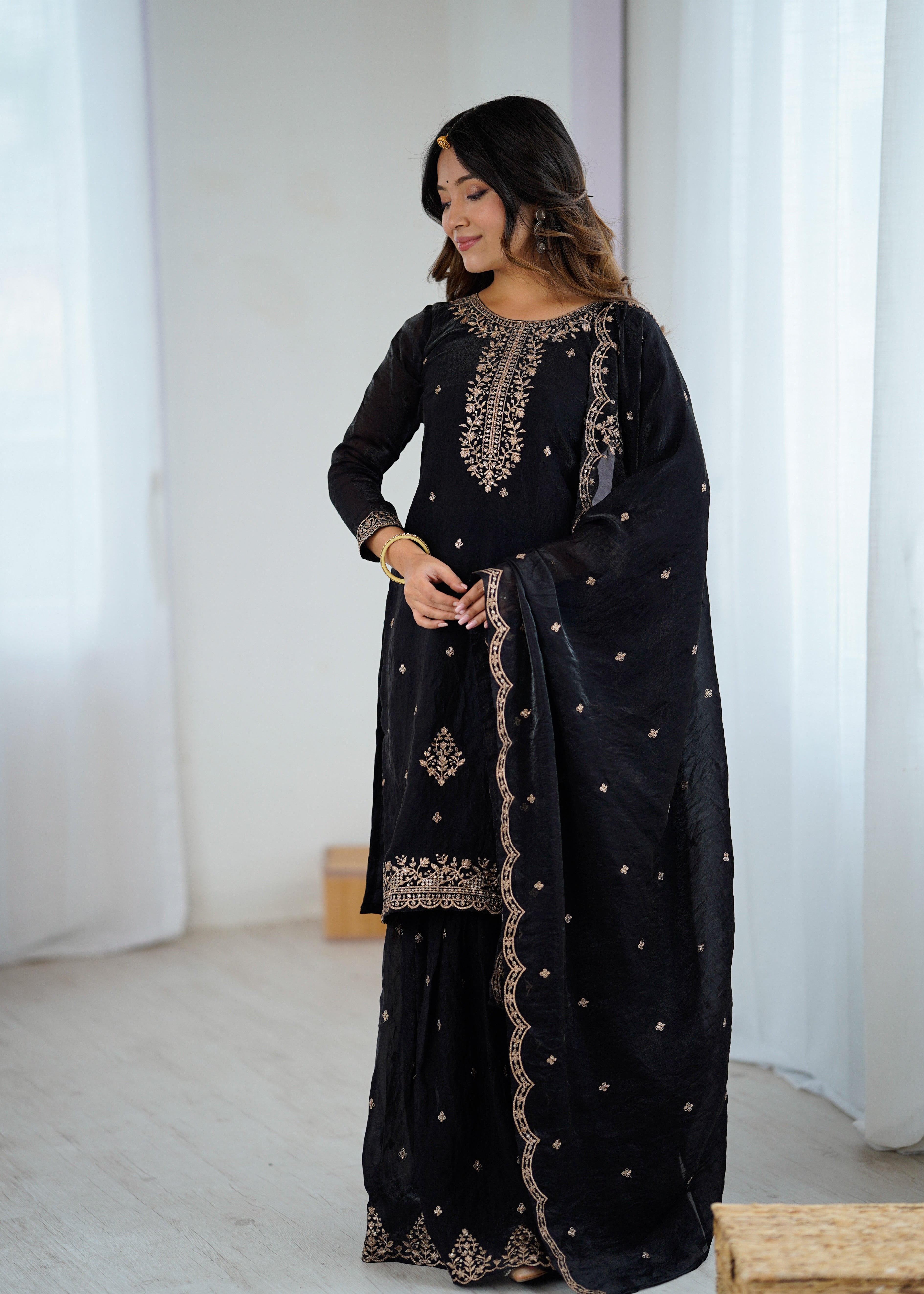 Black Embroidered Crunchy Silk Kurta Sharara Set with Dupatta.