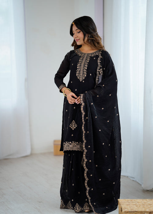 Black Embroidered Crunchy Silk Kurta Sharara Set with Dupatta.