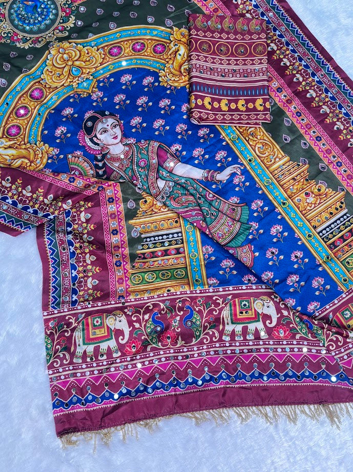 Trendy Silk Crepe Saree with Mirror Work, Moti Work & Tassel Pallu | Designer Printed Saree for Women