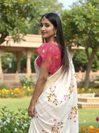 White Dola Silk Floral Hand-Printed Saree with Golden Border