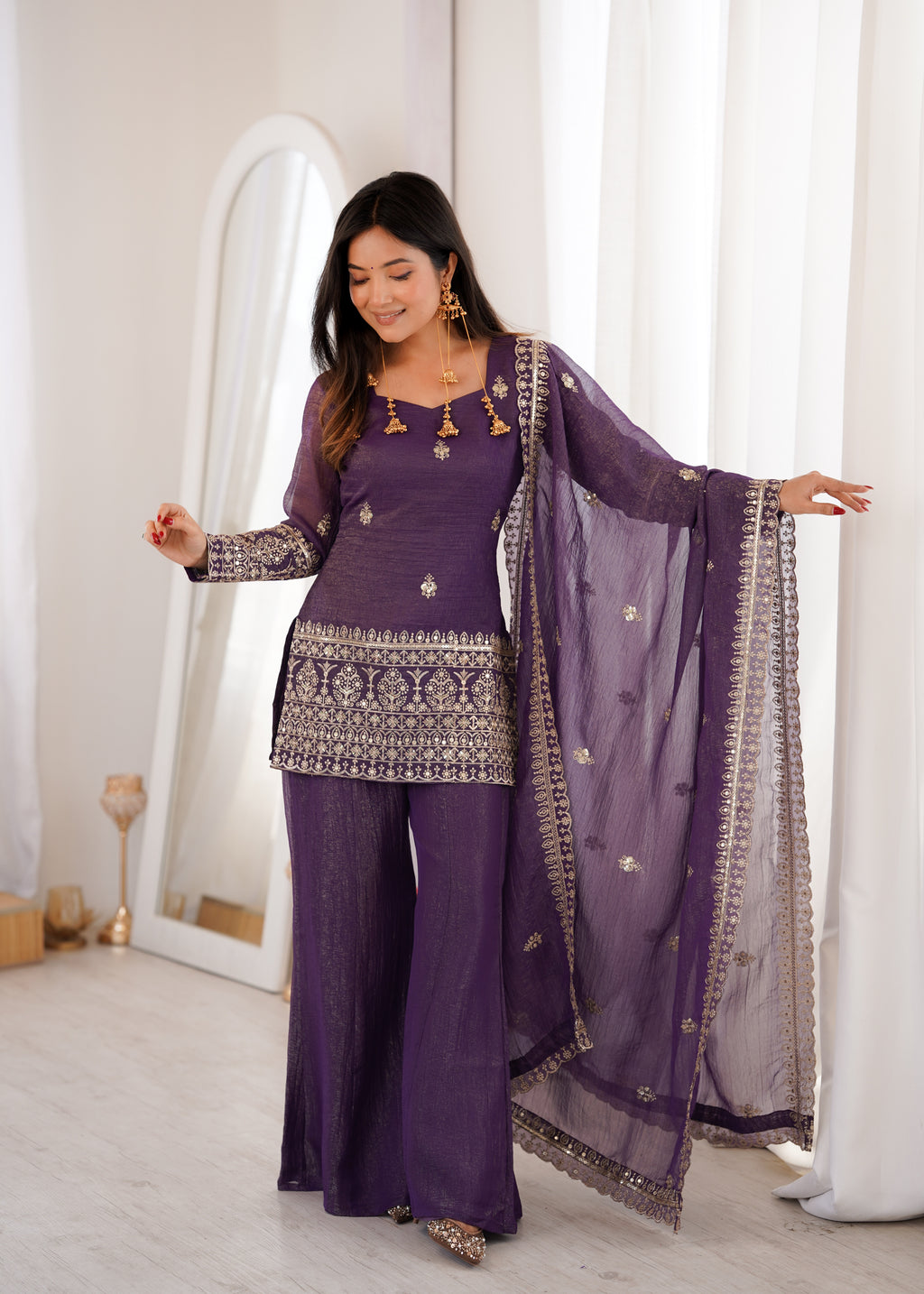 Embroidered Crunchy Silk Kurta Bell Bottom Pant with Dupatta Set